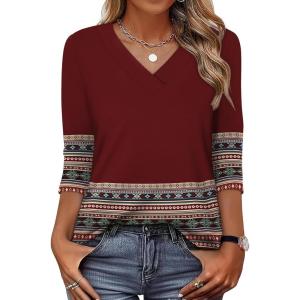 image:imageXIEERDUO 34 Length Sleeve Womens Tops V Neck T Shirts Summer Clothes Basic Blouses Dressy Casual 2026 Spring OutfitsPatternedboho Burgundy Print