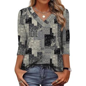image:imageXIEERDUO 34 Length Sleeve Womens Tops V Neck T Shirts Summer Clothes Basic Blouses Dressy Casual 2026 Spring OutfitsPatternedgray Print