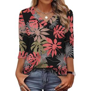 image:imageXIEERDUO 34 Length Sleeve Womens Tops V Neck T Shirts Summer Clothes Basic Blouses Dressy Casual 2026 Spring OutfitsPatternedpink Leafs