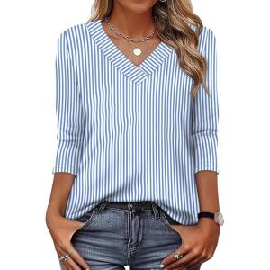 image:imageXIEERDUO 34 Length Sleeve Womens Tops V Neck T Shirts Summer Clothes Basic Blouses Dressy Casual 2026 Spring OutfitsPatternedsky Blue Striped