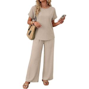 image:imageXIEERDUO Summer Sets For Women Linen Sets 2 Piece Matching Set Women Clothing Linen Pants Beach Vacation Outfits 2026Beige