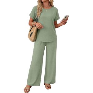image:imageXIEERDUO Summer Sets For Women Linen Sets 2 Piece Matching Set Women Clothing Linen Pants Beach Vacation Outfits 2026Green