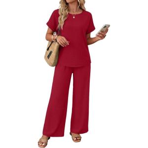 image:imageXIEERDUO Summer Sets For Women Linen Sets 2 Piece Matching Set Women Clothing Linen Pants Beach Vacation Outfits 2026Red