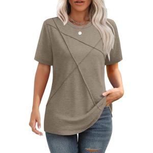 image:imageXIEERDUO Womens Summer Tops 2026 Pleated Round Neck Short Sleeve Shirts Business CasualBrown