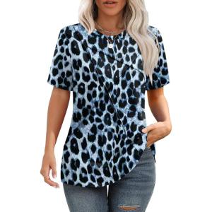image:imageXIEERDUO Womens Summer Tops 2026 Pleated Round Neck Short Sleeve Shirts Business CasualZ Black Leopard