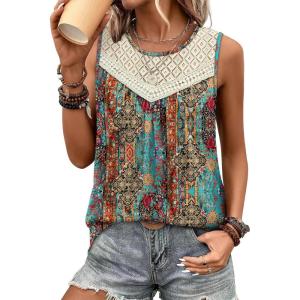 image:imageXIEERDUO Womens Tank Tops Sleeveless Lace Crochet Boho Tops Loose Fit Pleated Tunics Crewneck Summer Vacation Outfits FlowyPatternedboho Print