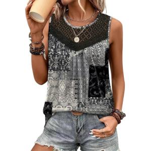image:imageXIEERDUO Womens Tank Tops Sleeveless Lace Crochet Boho Tops Loose Fit Pleated Tunics Crewneck Summer Vacation Outfits FlowyPatternedgrey Print