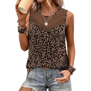 image:imageXIEERDUO Womens Tank Tops Sleeveless Lace Crochet Boho Tops Loose Fit Pleated Tunics Crewneck Summer Vacation Outfits FlowyPatternedleopard Print