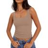 image:imageXIEERDUO Womens Square Neck Fitted Tank Tops Double Layer Seamless Slim Fit Shirts 2025 Basic Spring SummerA Cropped Tank Top Khaki