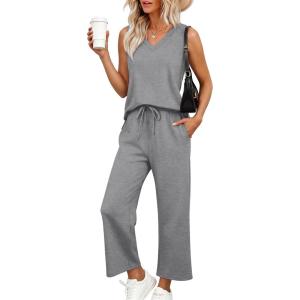 image:imageXIEERDUO Two Piece Sets for Women Summer Vacation Travel Outfits V Neck Lounge Matching SetsGrey