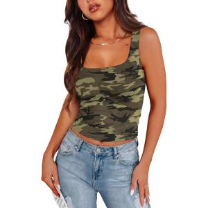 image:imageXIEERDUO Womens Square Neck Fitted Tank Tops Double Layer Seamless Slim Fit Shirts 2025 Basic Spring SummerA Cropped Tank Top Camo
