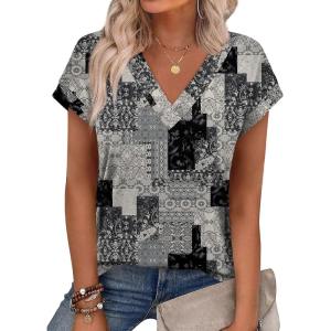 image:imageXIEERDUO Womens Summer Tops Short Sleeve Shrits 2026 Trendy V Neck Spring Outfits Beach Vacation ClothesPatternedgrey Print