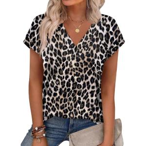 image:imageXIEERDUO Womens Summer Tops Short Sleeve Shrits 2026 Trendy V Neck Spring Outfits Beach Vacation ClothesPatternedleopard Print