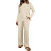 image:imageXIEERDUO Womens 2 Piece Outfits 2023 Sweater Knit Lounge Pajamas Sets Long Sleeve with Buttons Side Tops and Wide Legs PantsApricot