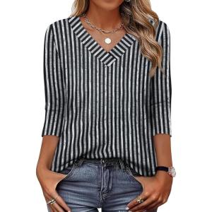 image:imageXIEERDUO 34 Length Sleeve Womens Tops V Neck T Shirts Summer Clothes Basic Blouses Dressy Casual 2026 Spring OutfitsPatternedblack Striped