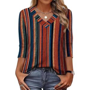 image:imageXIEERDUO 34 Length Sleeve Womens Tops V Neck T Shirts Summer Clothes Basic Blouses Dressy Casual 2026 Spring OutfitsPatternedboho Brown Striped