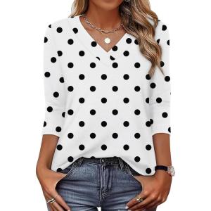 image:imageXIEERDUO 34 Length Sleeve Womens Tops V Neck T Shirts Summer Clothes Basic Blouses Dressy Casual 2026 Spring OutfitsPolka Dots
