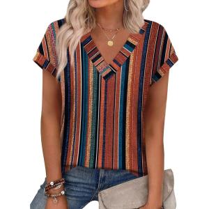 image:imageXIEERDUO Womens Summer Tops Short Sleeve Shrits 2026 Trendy V Neck Spring Outfits Beach Vacation ClothesPatternedboho Brown Striped