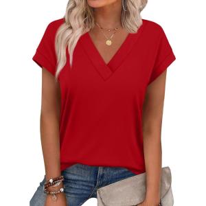 image:imageXIEERDUO Womens Summer Tops Short Sleeve Shrits 2026 Trendy V Neck Spring Outfits Beach Vacation ClothesRed