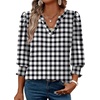 image:imageXIEERDUO Blouses for Women Dressy Casual 34 Length Sleeve Womens Tops V Neck T Shirts with Smocked CuffsBlack Grid