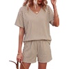 image:imageXIEERDUO Lounge Sets for Women Shorts Lightweight Summer Pajamas Set Sleepwear 2 Piece Sets Airport Vacation OutfitsBrown Stripes