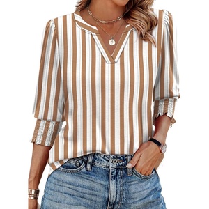 image:imageXIEERDUO Blouses for Women Dressy Casual 34 Length Sleeve Womens Tops V Neck T Shirts with Smocked CuffsBrown Stripes