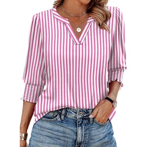 image:imageXIEERDUO Blouses for Women Dressy Casual 34 Length Sleeve Womens Tops V Neck T Shirts with Smocked CuffsPink Stripes