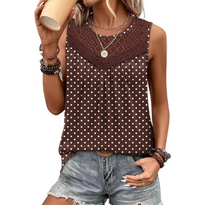 image:imageXIEERDUO Womens Tank Tops Sleeveless Lace Crochet Boho Tops Loose Fit Pleated Tunics Crewneck Summer Vacation Outfits FlowyBrown Polka Dots