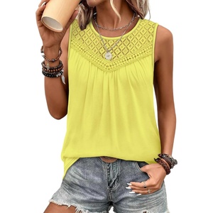 image:imageXIEERDUO Womens Tank Tops Sleeveless Lace Crochet Boho Tops Loose Fit Pleated Tunics Crewneck Summer Vacation Outfits FlowyButter Yellow