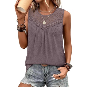image:imageXIEERDUO Womens Tank Tops Sleeveless Lace Crochet Boho Tops Loose Fit Pleated Tunics Crewneck Summer Vacation Outfits FlowyCoffee Grey