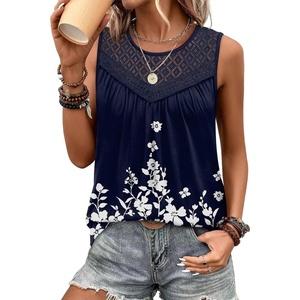 image:imageXIEERDUO Womens Tank Tops Sleeveless Lace Crochet Boho Tops Loose Fit Pleated Tunics Crewneck Summer Vacation Outfits FlowyPatternedblue Floral
