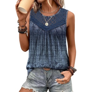 image:imageXIEERDUO Womens Tank Tops Sleeveless Lace Crochet Boho Tops Loose Fit Pleated Tunics Crewneck Summer Vacation Outfits FlowyPatternedblue Gradient
