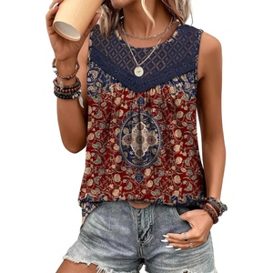 image:imageXIEERDUO Womens Tank Tops Sleeveless Lace Crochet Boho Tops Loose Fit Pleated Tunics Crewneck Summer Vacation Outfits FlowyPatternedboho Floral