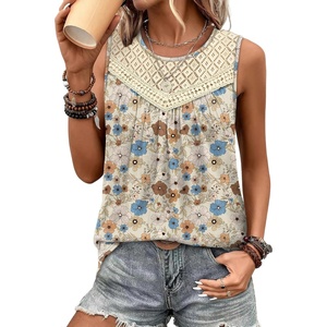 image:imageXIEERDUO Womens Tank Tops Sleeveless Lace Crochet Boho Tops Loose Fit Pleated Tunics Crewneck Summer Vacation Outfits FlowyPatternedflower