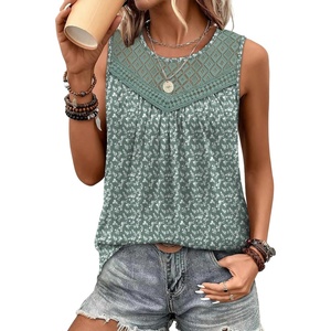 image:imageXIEERDUO Womens Tank Tops Sleeveless Lace Crochet Boho Tops Loose Fit Pleated Tunics Crewneck Summer Vacation Outfits FlowyPatternedgreen Floral