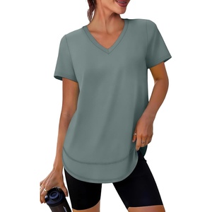 image:imageXIEERDUO Womens Workout Tops Short Sleeve Shirts Sun Protection UPF 50 Quick Dry Outfits for Hiking Running V Neck S3XL14 Grey Green