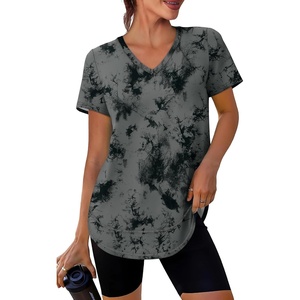 image:imageXIEERDUO Womens Workout Tops Short Sleeve Shirts Sun Protection UPF 50 Quick Dry Outfits for Hiking Running V Neck S3XL18 Tiedye Print Black
