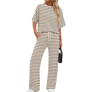 image:imageXIEERDUO Womens Side Slit Lounge Sets 2 Piece Travel Outfits Airport Tracksuit Oversized Wide Leg Loungewear S3XLPattern Beige Striped