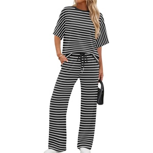 image:imageXIEERDUO Womens Side Slit Lounge Sets 2 Piece Travel Outfits Airport Tracksuit Oversized Wide Leg Loungewear S3XLPattern Black Striped