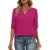 image:imageXIEERDUO 34 Length Sleeve Womens Tops V Neck T Shirts Both Side Buttons Blouses Business Casual Outfits Loose FitHot Pink