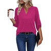image:imageXIEERDUO 34 Length Sleeve Womens Tops V Neck T Shirts Both Side Buttons Blouses Business Casual Outfits Loose FitHot Pink