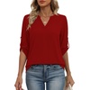 image:imageXIEERDUO 34 Length Sleeve Womens Tops V Neck T Shirts Both Side Buttons Blouses Business Casual Outfits Loose FitRed