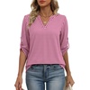 image:imageXIEERDUO 34 Length Sleeve Womens Tops V Neck T Shirts Both Side Buttons Blouses Business Casual Outfits Loose FitZ Pink Plaid