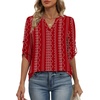 image:imageXIEERDUO 34 Length Sleeve Womens Tops V Neck T Shirts Both Side Buttons Blouses Business Casual Outfits Loose FitZ Red Printed
