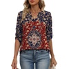 image:imageXIEERDUO 34 Length Sleeve Womens Tops V Neck T Shirts Both Side Buttons Blouses Business Casual Outfits Loose FitZ Wine Print