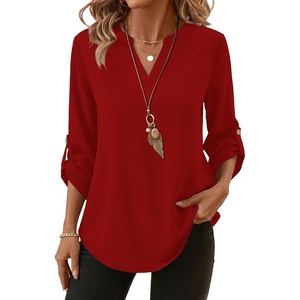image:imageXIEERDUO 34 Length Sleeve Womens Tops V Neck T Shirts Both Side Buttons Blouses Business Casual Outfits Loose FitRed
