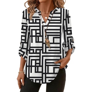 image:imageXIEERDUO 34 Length Sleeve Womens Tops V Neck T Shirts Both Side Buttons Blouses Business Casual Outfits Loose FitZ Black Stripe