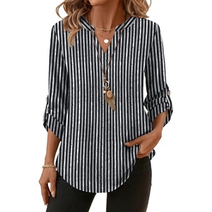 image:imageXIEERDUO 34 Length Sleeve Womens Tops V Neck T Shirts Both Side Buttons Blouses Business Casual Outfits Loose FitZ Black White Gray