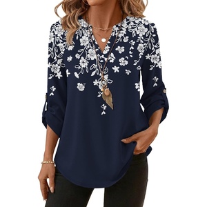 image:imageXIEERDUO 34 Length Sleeve Womens Tops V Neck T Shirts Both Side Buttons Blouses Business Casual Outfits Loose FitZ Navy Printed