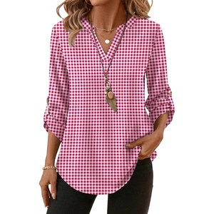 image:imageXIEERDUO 34 Length Sleeve Womens Tops V Neck T Shirts Both Side Buttons Blouses Business Casual Outfits Loose FitZ Pink Plaid